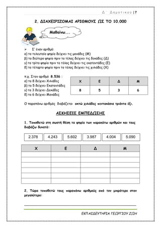 Δ ΄ Δ η μ ο τ ι κ ο ύ | 7
ΕΚΠΑΙΔΕΥΤΗΡΙΑ ΓΕΩΡΓΙΟΥ ΖΩΗ
2. ΔΙΑΧΕΙΡΙΖΟΜΑΙ ΑΡΙΘΜΟΥΣ ΩΣ ΤΟ 10.000
 Σ’ έναν αριθμό:
α) το τελευταίο ψηφίο δείχνει τις μονάδες (Μ)
β) το δεύτερο ψηφίο πριν το τέλος δείχνει τις δεκάδες (Δ)
γ) το τρίτο ψηφίο πριν το τέλος δείχνει τις εκατοντάδες (Ε)
δ) το τέταρτο ψηφίο πριν το τέλος δείχνει τις χιλιάδες (Χ)
π.χ. Στον αριθμό 8.536 :
α) το 8 δείχνει Χιλιάδες
β) το 5 δείχνει Εκατοντάδες
γ) το 3 δείχνει Δεκάδες
δ) το 6 δείχνει Μονάδες
Ο παραπάνω αριθμός διαβάζεται οκτώ χιλιάδες πεντακόσια τριάντα έξι.
ΑΣΚΗΣΕΙΣ ΕΜΠΕΔΩΣΗΣ
1. Τοποθετώ στη σωστή θέση τα ψηφία των παρακάτω αριθμών και τους
διαβάζω δυνατά:
Χ Ε Δ Μ
2. Τώρα τοποθετώ τους παραπάνω αριθμούς από τον μικρότερο στον
μεγαλύτερο:
_______________________________________________________
Χ Ε Δ Μ
8 5 3 6
2.378 4.243 5.602 3.987 4.004 5.090
Μαθαίνω...
 