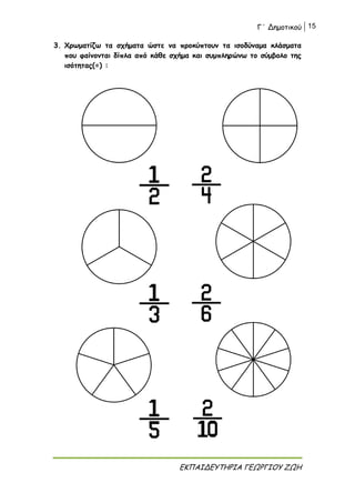 Γ΄ Δημοτικού 15
ΕΚΠΑΙΔΕΥΤΗΡΙΑ ΓΕΩΡΓΙΟΥ ΖΩΗ
3. Χρωματίζω τα σχήματα ώστε να προκύπτουν τα ισοδύναμα κλάσματα
που φαίνονται δίπλα από κάθε σχήμα και συμπληρώνω το σύμβολο της
ισότητας(=) :
 