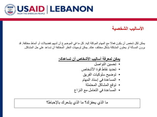‫الشخصية‬ ‫األساليب‬
‫إليه‬ ‫الموكلة‬ ‫المهام‬ ‫مع‬ ‫فعاال‬ ‫يكون‬ ‫أن‬ ‫شخص‬ ‫لكل‬ ‫يمكن‬
.
‫مختل‬ ‫أنماط‬ ‫أو‬ ‫تفضيالت‬ ‫لديهم‬ ‫أن‬ ‫الموضوع‬ ‫في‬ ‫ما‬ ‫كل‬
‫فة‬
.
‫قد‬
‫عنك‬ ‫مختلف‬ ‫بشكل‬ ‫المشكلة‬ ‫يحلون‬ ‫أو‬ ‫المسألة‬ ‫يرون‬
.
‫المشاك‬ ‫حل‬ ‫على‬ ‫تساعد‬ ‫أن‬ ‫المختلفة‬ ‫النظر‬ ‫لوجهات‬ ‫يمكن‬
‫ل‬
.
‫تساعدك‬ ‫أن‬ ‫األشخاص‬ ‫أساليب‬ ‫لمعرفة‬ ‫يمكن‬
:
•
‫التواصل‬ ‫تحسين‬
•
‫األشخاص‬ ‫قوة‬ ‫نقاط‬ ‫تحديد‬
•
‫سلوكيات‬ ‫توضيح‬
‫ال‬
‫فريق‬
•
‫المهام‬ ‫إسناد‬ ‫في‬ ‫المساعدة‬
•
‫المحتملة‬ ‫المشاكل‬ ‫توقع‬
•
‫النزاع‬ ‫مع‬ ‫التعامل‬ ‫في‬ ‫المساعدة‬
‫باإلحباط؟‬ ‫يشعرك‬ ‫الذي‬ ‫ما‬ ‫يحفزك؟‬ ‫الذي‬ ‫ما‬
 