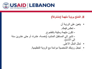 II
.
‫ملهمة‬ ‫برؤية‬ ‫التمتع‬
(
‫مشتركة‬
)
•
‫أن‬ ‫الرؤية‬ ‫على‬ ‫يتعين‬
-
‫قيمك‬ ‫تعكس‬
.
-
‫بالطموح‬ ‫ومليئة‬ ‫ملهمة‬ ‫تكون‬
.
-
‫المنشود‬ ‫المستقبل‬ ‫إلى‬ ‫تشير‬
(
‫عشرين‬ ‫حتى‬ ‫أو‬ ،‫عشرة‬ ،‫خمسة‬
‫سنة‬
‫األمام‬ ‫إلى‬
.)
•
‫ت‬
‫األعلى‬ ‫المثل‬ ‫مثل‬
.
•
‫التنظيمية‬ ‫الرؤية‬ ‫مع‬ ‫موائمة‬ ‫الشخصية‬ ‫رؤيتك‬ ‫تجعل‬
.
 