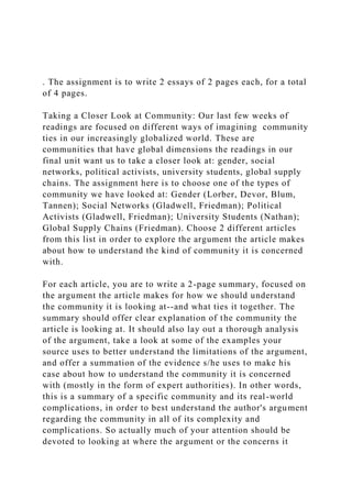 . The assignment is to write 2 essays of 2 pages each, for a tot.docx