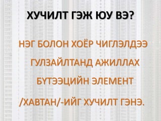 ХУЧИЛТ ГЭЖ ЮУ ВЭ?
НЭГ БОЛОН ХОЁР ЧИГЛЭЛДЭЭ
ГУЛЗАЙЛТАНД АЖИЛЛАХ
БҮТЭЭЦИЙН ЭЛЕМЕНТ
/ХАВТАН/-ИЙГ ХУЧИЛТ ГЭНЭ.
 