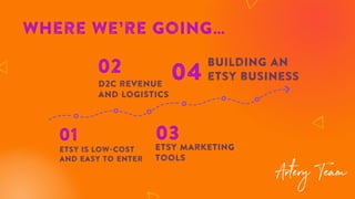 Where we’re going…
Etsy is low-cost
and easy to enter
01
D2C revenue
and logistics
02 Building an
etsy business
04
Etsy marketing
tools
03
 