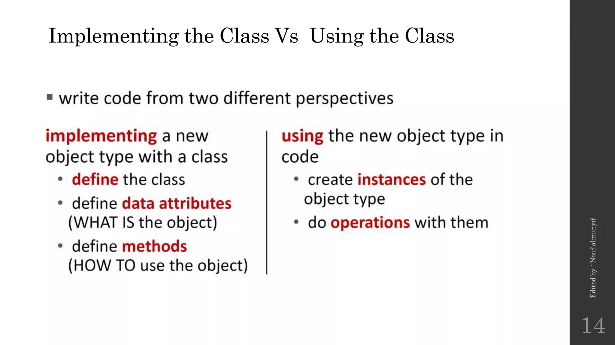 Implementing the Class Vs Using the Class
Edited
by
:
Nouf
almunyif
14
 