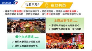 在地共榮
行動策略4
6
• 運用在地環境優化等多元輔導作法，打造服務好、環境美的城鄉生活圈。
• 強調主題故事行銷、連結在地資源，吸引青年返鄉服務，點亮城鄉創生發展。
高雄旗山老街商圈
圖片來源：高雄市旗山區公所
滇緬特色及米干節
圖片來源：桃園市政府觀光局
優化在地環境 (經濟部)
 應用美學及設計打造城鄉
 運用在地資源營造特色
主題故事行銷 (經濟部)
 形塑城鄉特色在地商業模式
 輔導特色老店接班、多元行銷
 