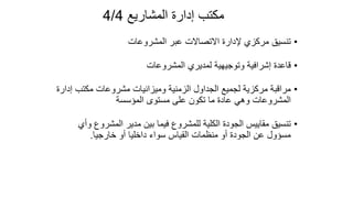 53
‫المشاريع‬ ‫إدارة‬ ‫مكتب‬
4/4
•
‫المشروعات‬ ‫عبر‬ ‫االتصاالت‬ ‫إلدارة‬ ‫مركزي‬ ‫تنسيق‬
•
‫المشروعات‬ ‫لمديري‬ ‫وتوجيهية‬ ‫إشرافية‬ ‫قاعدة‬
•
‫إ‬ ‫مكتب‬ ‫مشروعات‬ ‫وميزانيات‬ ‫الزمنية‬ ‫الجداول‬ ‫لجميع‬ ‫مركزية‬ ‫مراقبة‬
‫دارة‬
‫المؤسسة‬ ‫مستوى‬ ‫على‬ ‫تكون‬ ‫ما‬ ‫عادة‬ ‫وهي‬ ‫المشروعات‬
•
‫المشروع‬ ‫مدير‬ ‫بين‬ ‫فيما‬ ‫للمشروع‬ ‫الكلية‬ ‫الجودة‬ ‫مقاييس‬ ‫تنسيق‬
‫وأي‬
‫خارجيا‬ ‫أو‬ ‫داخليا‬ ‫سواء‬ ‫القياس‬ ‫منظمات‬ ‫أو‬ ‫الجودة‬ ‫عن‬ ‫مسؤول‬
.
 