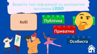 Вкажіть тип інформації за допомогою
цеглинок LEGO
 