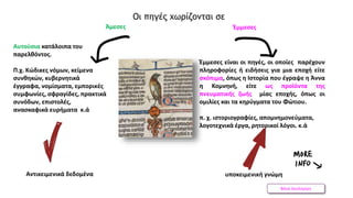 Βάνα Δουληγέρη
Άμεσες
Αυτούσια κατάλοιπα του
παρελθόντος.
Π.χ. Κώδικες νόμων, κείμενα
συνθηκών, κυβερνητικά
έγγραφα, νομίσματα, εμπορικές
συμφωνίες, σφραγίδες, πρακτικά
συνόδων, επιστολές,
ανασκαφικά ευρήματα κ.ά
Έμμεσες
Έμμεσες είναι οι πηγές, οι οποίες παρέχουν
πληροφορίες ή ειδήσεις για μια εποχή είτε
σκόπιμα, όπως η Ιστορία που έγραψε η Άννα
η Κομνηνή, είτε ως προϊόντα της
πνευματικής ζωής μίας εποχής, όπως οι
ομιλίες και τα κηρύγματα του Φώτιου.
π. χ. ιστοριογραφίες, απομνημονεύματα,
λογοτεχνικά έργα, ρητορικοί λόγοι. κ.ά
υποκειμενική γνώμη
Αντικειμενικά δεδομένα
Οι πηγές χωρίζονται σε
 