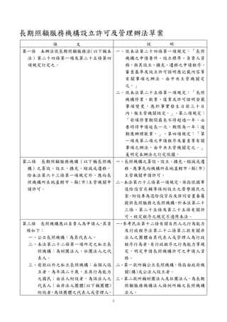 1
長期照顧服務機構設立許可及管理辦法草案
條 文 說 明
第一條 本辦法依長期照顧服務法
（以下稱本
法）第二十四條第一項及第二十五條第四
項規定訂定之。
一、依本法第二十四條第一項規定：「長照
機構之申請要件、設立標準、負責人資
格，與其設立、擴充、遷移之申請程序、
審查基準及設立許可證明應記載內容等
有關事項之辦法，由中央主管機關定
之。」
二、依本法第二十五條第一項規定：「長照
機構停業、歇業、復業或許可證明登載
事項變更，應於事實發生日前三十日
內，報主管機關核定。」、第二項規定：
「前項停業期間最長不得超過一年。必
要時得申請延長一次，期限為一年；逾
期應辦理歇業。」、第四項規定：「第
一項及第二項之申請程序及審查等有關
事項之辦法，由中央主管機關定之。」
爰明定本辦法之訂定依據。
第二條 長期照顧服務機構（以下稱長照機
構）之籌設、設立、擴充、縮減或遷移，
除本法第六十三條第一項規定外，應向長
照機構所在地直轄市、縣(市)主管機關申
請許可。
一、長照機構之籌設、設立、擴充、縮減或遷
移，應事先向機構所在地直轄市、縣(市)
主管機關申請許可。
二、本法第六十三條第一項規定，係指依國軍
退除役官兵輔導條例設立之榮譽國民之
家，附設專為退除役官兵及併同安置眷屬
提供長照服務之長照機構，於本法第二十
三條、第二十五條及第三十五條有關許
可、核定程序之規定不適用本法。
第三條 長照機構應以負責人為申請人
，
其資
格如下：
一、公立長照機構：為其代表人。
二、本法第二十二條第一項所定之私立長
照機構：為財團法人、社團法人之代
表人。
三、前款以外之私立長照機構：由個人設
立者，為年滿二十歲，且具行為能力
之國民；由法人附設者，為該法人之
代表人；由非法人團體(以下稱團體)
附設者
，
為該團體之代表人或管理人。
一
、
參考民法第十二條有關自然人之行為能力
及行政程序法第二十二條第三款有關非
法人之團體由其代表人或管理人為行政
程序行為者，有行政程序之行為能力等規
定，明定申請長照機構許可之申請人資
格。
二、第一款所稱公立長照機構，係指由政府機
關(構)或公法人設立者。
三、第二款所稱財團法人及社團法人，為長期
照顧服務機構法人條例所稱之長照機構
法人。
 