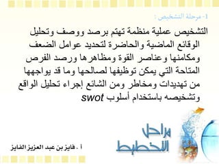 1
-
‫التشخيص‬‫مرحلة‬
:
‫وتحل‬ ‫ووصف‬ ‫برصد‬ ‫تهتم‬ ‫منظمة‬ ‫عملية‬ ‫التشخيص‬
‫يل‬
‫الضع‬ ‫عوامل‬ ‫لتحديد‬ ‫والحاضرة‬ ‫الماضية‬ ‫الوقائع‬
‫ف‬
‫الفرص‬ ‫ورصد‬ ‫ومظاهرها‬ ‫القوة‬ ‫وعناصر‬ ‫ومكامنها‬
‫يوا‬ ‫قد‬ ‫وما‬ ‫لصالحها‬ ‫توظيفها‬ ‫يمكن‬ ‫التي‬ ‫المتاحة‬
‫جهها‬
‫الواق‬ ‫تحليل‬ ‫إجراء‬ ‫الشائع‬ ‫ومن‬ ‫ومخاطر‬ ‫تهديدات‬ ‫من‬
‫ع‬
‫أسلوب‬ ‫باستخدام‬ ‫وتشخيصه‬
swot
 