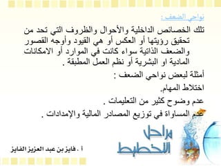 ‫الضعف‬‫نواحي‬
:
‫تلك‬
‫الخصائص‬
‫الداخلية‬
‫واألحوال‬
‫والظروف‬
‫التي‬
‫تح‬
‫د‬
‫من‬
‫تحقيق‬
‫رؤيتها‬
‫أو‬
‫العكس‬
‫أو‬
‫هي‬
‫القيود‬
‫وأوجه‬
‫القص‬
‫ور‬
‫والضعف‬
‫الذاتية‬
‫سواء‬
‫كانت‬
‫في‬
‫الموارد‬
‫أو‬
‫االمكان‬
‫ات‬
‫المادية‬
‫او‬
‫البشرية‬
‫أو‬
‫نظم‬
‫العمل‬
‫المطبقة‬
.
‫الضعف‬ ‫نواحي‬ ‫لبعض‬ ‫أمثلة‬
:
‫المهام‬ ‫اختالط‬
.
‫التعليمات‬ ‫من‬ ‫كثير‬ ‫وضوح‬ ‫عدم‬
.
‫واإلمدادات‬ ‫المالية‬ ‫المصادر‬ ‫توزيع‬ ‫في‬ ‫المساواة‬ ‫عدم‬
.
 