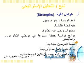 ‫تابع‬
/
‫اإلستراتيجي‬ ‫التحليل‬
‫أ‬
.
‫القوة‬ ‫عوامل‬
(Strengths)
•
‫أعضاء‬
‫هيئة‬
‫تدريس‬
‫مؤهلين‬
.
•
‫بنيه‬
‫تحتية‬
‫متكاملة‬
.
•
‫مختبرات‬
‫وتجهيزات‬
‫متطورة‬
.
•
‫برامج‬
‫دراسية‬
‫حديثة‬
‫ومتنوعة‬
‫في‬
‫مرحلتي‬
‫البكالوريوس‬
‫والماجستير‬
.
•
‫سمعة‬
‫الخريجين‬
‫جيدة‬
ً
‫جدا‬
.
•
‫بحث‬
‫علمي‬
‫متميز‬
ً
‫محليا‬
ً
‫وإقليميا‬
.
•
‫حرم‬
‫جامعي‬
‫واسع‬
‫يسمح‬
‫بأن‬
‫تكون‬
‫الجامعة‬
‫منتجة‬
.
 