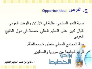 ‫ج‬
.
‫الفرص‬
(Opportunities)
•
‫نسبة‬
‫النمو‬
‫السكاني‬
‫عالية‬
‫في‬
‫األردن‬
‫والوطن‬
‫الع‬
‫ربي‬
.
•
‫إقبال‬
‫كبير‬
‫على‬
‫التعليم‬
‫العالي‬
‫خاصة‬
‫في‬
‫دول‬
‫ا‬
‫لخليج‬
‫العربي‬
.
•
‫بيئة‬
‫المجتمع‬
‫المحلي‬
‫متطورة‬
‫ومحافظة‬
.
•
‫قرب‬
‫الجامعة‬
‫من‬
‫سوريا‬
‫وفلسطين‬
.
 