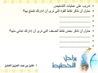 ‫نشاط‬
•
‫التشخيص‬ ‫عمليات‬ ‫على‬ ‫تدريب‬
•
‫بها؟‬ ‫تتمتع‬ ‫إدارتك‬ ‫أن‬ ‫ترى‬ ‫التي‬ ‫القوة‬ ‫نقاط‬ ‫تذكر‬ ‫أن‬ ‫حاول‬
•
.............................
•
.............................
•
.............................
•
‫تعاني‬ ‫إدارتك‬ ‫أن‬ ‫ترى‬ ‫التي‬ ‫الضعف‬ ‫نقاط‬ ‫بعض‬ ‫تذكر‬ ‫أن‬ ‫حاول‬
‫منها؟‬
•
.............................
•
.............................
•
.............................
 