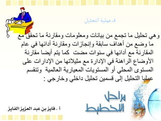 ‫تحقق‬ ‫ما‬ ‫ومقارنة‬ ‫ومعلومات‬ ‫بيانات‬ ‫من‬ ‫تجمع‬ ‫ما‬ ‫تحليل‬ ‫وهي‬
‫مع‬
‫عام‬ ‫في‬ ‫أدائها‬ ‫ومقارنة‬ ‫وإنجازات‬ ‫سابقة‬ ‫أهداف‬ ‫من‬ ‫وضع‬ ‫ما‬
‫مقار‬ ‫أيضا‬ ‫يتم‬ ‫كما‬ ‫مضت‬ ‫سنوات‬ ‫في‬ ‫أدائها‬ ‫مع‬ ‫المقارنة‬
‫نة‬
‫على‬ ‫اإلدارات‬ ‫من‬ ‫مثيالتها‬ ‫مع‬ ‫اإلدارة‬ ‫في‬ ‫الراهنة‬ ‫األوضاع‬
‫وت‬ ‫العالمية‬ ‫المعيارية‬ ‫المستويات‬ ‫أو‬ ‫المحلي‬ ‫المستوى‬
‫نقسم‬
‫وخارجي‬ ‫داخلي‬ ‫تحليل‬ ‫قسمين‬ ‫إلى‬ ‫التحليل‬ ‫عمليا‬
:
4
‫التحليل‬‫عملية‬ ‫ـ‬‫ـ‬
 