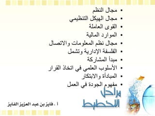 •
‫النظم‬ ‫مجال‬
•
‫التنظيمي‬ ‫الهيكل‬ ‫مجال‬
•
‫العاملة‬ ‫القوى‬
•
‫المالية‬ ‫الموارد‬
•
‫واالتصال‬ ‫المعلومات‬ ‫نظم‬ ‫مجال‬
•
‫وتشمل‬ ‫اإلدارية‬ ‫الفلسفة‬
•
‫المشاركة‬ ‫مبدأ‬
•
‫القرار‬ ‫اتخاذ‬ ‫في‬ ‫العلمي‬ ‫األسلوب‬
•
‫واالبتكار‬ ‫المبادأة‬
•
‫العمل‬ ‫في‬ ‫الجودة‬ ‫مفهوم‬
 