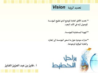 ‫ية‬‫ؤ‬‫الر‬‫تحديد‬
Vision
•
‫المؤسسة‬ ‫تطمح‬‫الذي‬‫للوضع‬ ‫العامة‬‫فاق‬
‫آ‬
‫ال‬‫تحديد‬
‫البعيد‬‫مد‬
‫أ‬
‫ال‬‫في‬ ‫ليه‬‫ا‬‫للوصول‬
.
•
‫للمؤسسة‬‫المستقبلية‬‫الهوية‬
.
•
‫نجازه‬‫ا‬‫لى‬‫ا‬‫المؤسسة‬‫تسعى‬‫ما‬‫حول‬‫موجزة‬ ‫ات‬‫ر‬‫عبا‬
‫لوجودها‬‫ية‬‫ز‬‫المرك‬ ‫والغاية‬
.
 