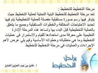 ‫للتخطيط‬ ‫التخطيط‬ ‫مرحلة‬
:
‫الت‬ ‫لعملية‬ ‫التحتية‬ ‫البنية‬ ‫للتخطيط‬ ‫التخطيط‬ ‫مرحلة‬ ‫تعد‬
‫حيث‬ ‫خطيط‬
‫التخط‬ ‫للعملية‬ ‫مفصلة‬ ‫مستقبلية‬ ‫صورة‬ ‫رسم‬ ‫فيها‬ ‫يتوفر‬
‫فيها‬ ‫يتم‬ ‫يطية‬
‫م‬ ‫وجميع‬ ‫المستقبلية‬ ‫والخطوات‬ ‫المختلفة‬ ‫االحتياجات‬ ‫تحديد‬
‫يتعلق‬ ‫ا‬
‫اإلدا‬ ‫المرحلة‬ ‫هذه‬ ‫وتساعد‬ ‫بها‬ ‫البدء‬ ‫قبل‬ ‫التخطيطية‬ ‫بالعملية‬
‫رة‬
‫ع‬ ‫في‬ ‫واالستمرار‬ ‫للقيام‬ ‫استعدادها‬ ‫مدى‬ ‫معرفة‬ ‫على‬ ‫التعليمية‬
‫مليات‬
‫عرض‬ ‫يلي‬ ‫وفيم‬ ‫األساسية‬ ‫وخطواته‬ ‫متطلباته‬ ‫هي‬ ‫وما‬ ‫التخطيط‬
‫ألهم‬
‫للتخطيط‬ ‫التخطيط‬ ‫مرحلة‬ ‫في‬ ‫والعمليات‬ ‫اإلجراءات‬
 