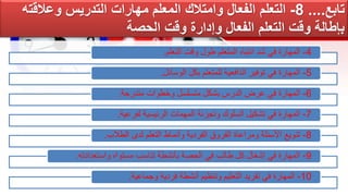 ‫تابع‬
....
8
-
‫وعالقت‬ ‫التدريس‬ ‫مهارات‬ ‫المعلم‬ ‫وامتالك‬ ‫الفعال‬ ‫التعلم‬
‫ه‬
‫الحصة‬ ‫وقت‬ ‫وإدارة‬ ‫الفعال‬ ‫التعلم‬ ‫وقت‬ ‫بإطالة‬
4
-
‫التعلم‬ ‫وقت‬ ‫طول‬ ‫المتعلم‬ ‫انتباه‬ ‫شد‬ ‫في‬ ‫المهارة‬
.
5
-
‫الوسائل‬ ‫بكل‬ ‫للمتعلم‬ ‫الدافعية‬ ‫توفير‬ ‫في‬ ‫المهارة‬
.
6
-
‫متدرجة‬ ‫وخطوات‬ ‫متسلسل‬ ‫بشكل‬ ‫الدرس‬ ‫عرض‬ ‫في‬ ‫المهارة‬
.
7
-
‫لفرعية‬ ‫الرئيسية‬ ‫المهمات‬ ‫وتجزئة‬ ‫السلوك‬ ‫تشكيل‬ ‫في‬ ‫المهارة‬
.
8
-
‫الطالب‬ ‫لدى‬ ‫التعلم‬ ‫وأنماط‬ ‫الفردية‬ ‫الفروق‬ ‫ومراعاة‬ ‫األسئلة‬ ‫تنويع‬
.
9
-
‫واستعدادته‬ ‫مستواه‬ ‫تناسب‬ ‫بأنشطة‬ ‫الحصة‬ ‫في‬ ‫طالب‬ ‫كل‬ ‫إشغال‬ ‫في‬ ‫المهارة‬
.
10
-
‫وجماعية‬ ‫فردية‬ ‫أنشطة‬ ‫وتنظيم‬ ‫التعليم‬ ‫تفريد‬ ‫في‬ ‫المهارة‬
.
 
