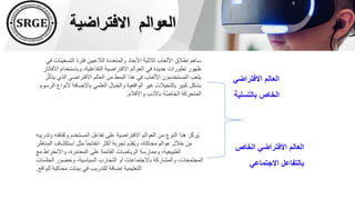 ‫الخاص‬ ‫االفتراضي‬ ‫العالم‬
‫االجتماعي‬ ‫بالتفاعل‬
‫التسعي‬ ‫فترة‬ ‫الالعبين‬ ‫والمتعددة‬ ‫األبعاد‬ ‫ثالثية‬ ‫األلعاب‬ ‫إطالق‬ ‫ساهم‬
‫في‬ ‫نات‬
‫ا‬ ‫وباستخدام‬ ،‫التفاعلية‬ ‫االفتراضية‬ ‫العوالم‬ ‫في‬ ‫جديدة‬ ‫تطورات‬ ‫ظهور‬
‫ألفاتار‬
‫ي‬ ‫الذي‬ ‫االفتراضي‬ ‫العالم‬ ‫من‬ ‫النمط‬ ‫هذا‬ ‫في‬ ‫األلعاب‬ ‫المستخدمون‬ ‫يلعب‬
‫ر‬َّ‫ث‬‫تأ‬
‫أل‬ ‫باإلضافة‬ ‫العلمي‬ ‫والخيال‬ ‫الواقعية‬ ‫غير‬ ‫بالتخيالت‬ ‫كبير‬ ‫بشكل‬
‫الرسوم‬ ‫نواع‬
‫واألفالم‬ ‫باألدب‬ ‫ة‬َّ‫ص‬‫الخا‬ ‫المتحركة‬
.
‫و‬ ‫وثقافته‬ ‫المستخدم‬ ‫تفاعل‬ ‫على‬ ‫االفتراضية‬ ‫العوالم‬ ‫من‬ ‫النوع‬ ‫هذا‬ ‫ز‬ِّّ‫ك‬‫ُر‬‫ي‬
‫تدريبه‬
‫المناظر‬ ‫استكشاف‬ ‫مثل‬ ً‫ا‬‫انفتاح‬ ‫أكثر‬ ‫تجربة‬ ‫ِّم‬ّ‫د‬‫ُق‬‫ي‬‫و‬ ،‫محاكاة‬ ‫عوالم‬ ‫خالل‬ ‫من‬
‫مع‬ ‫واالنخراط‬ ،‫المغامرة‬ ‫على‬ ‫القائمة‬ ‫الرياضات‬ ‫وممارسة‬ ،‫الطبيعية‬
‫الجلسات‬ ‫وحضور‬ ،‫السياسية‬ ‫التجارب‬ ‫أو‬ ‫باالجتماعات‬ ‫والمشاركة‬ ،‫المجتمعات‬
‫للواقع‬ ‫محاكية‬ ‫بيئات‬ ‫في‬ ‫للتدريب‬ ‫إضافة‬ ‫التعليمية‬
.
‫االفتراضية‬ ‫العوالم‬
‫االفتراضي‬ ‫العالم‬
‫بالتسلية‬ ‫الخاص‬
 