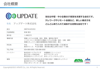 会社概要
6
Copyright@2022 UPDATE Co., Ltd. All Rights Reserved.
アップデート株式会社
社名
設立 2007年10月25日
代表取締役 和氣 悟志
資本金 １,000万円
事業内容 情報システムの企画、設計、開発、運用及び保守
インターネットを利用する情報システムの企画、設計、立案、運用
情報セキュリティ確保支援事業及び制度の設計、導入
所在地 本社 〒321-0164 栃木県宇都宮市双葉一丁目2番1号
東京オフィス 〒110-0005 東京都台東区上野3丁目15−7–306
TEL/FAX 028-688-8390 / 028-688-8392
パートナー 株式会社トリプルアイズ ※画像AIソリューション
使えるねっと株式会社 ※クラウドサービス
株式会社ネットブレインズ ※ネットワークセキュリティ
資格 ISO/IEC 27001:2013 & JIS Q 27001:2014 （情報セキュリティ）
栃木県フロンティア企業認証
ITCA（ITコーディネーター協会）届出組織
当社は中堅・中小企業のIT経営を支援する会社です。
テレワークやリモート会議など、新しい働き方を
どんどん取り入れて成長する活発な会社です！
 