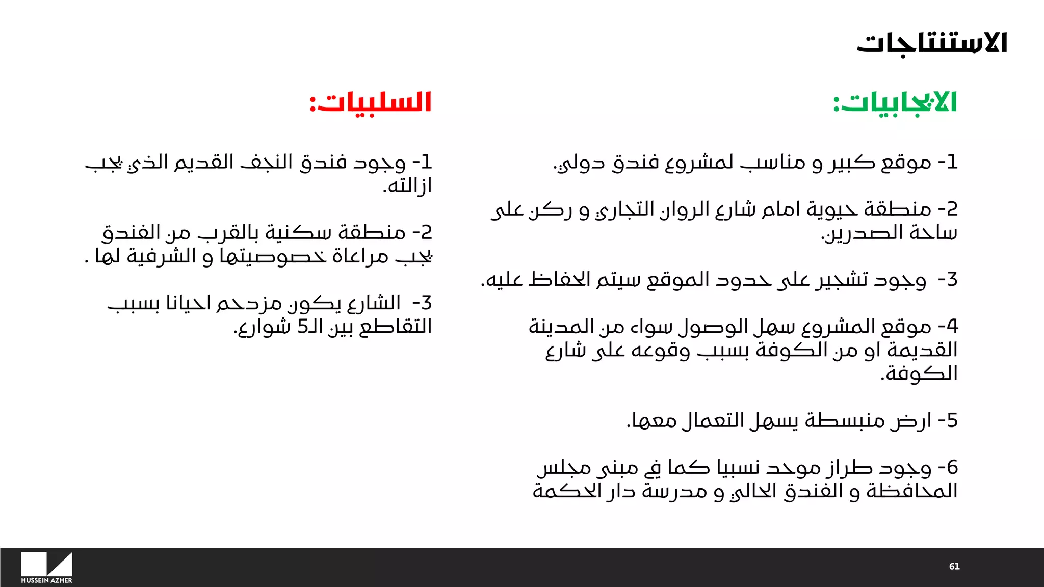 61
‫االستنتاجات‬
‫االيجابيات‬
:
1
-
‫دولي‬ ‫فندق‬ ‫لمشروع‬ ‫مناسب‬ ‫و‬ ‫كبير‬ ‫موقع‬
.
2
-
‫على‬ ‫ركن‬ ‫و‬ ‫التجاري‬ ‫الروان‬ ‫شارع‬ ‫امام‬ ‫حيوية‬ ‫منطقة‬
‫الصدرين‬ ‫ساحة‬
.
3
-
‫عليه‬ ‫الحفاظ‬ ‫سيتم‬ ‫الموقع‬ ‫حدود‬ ‫على‬ ‫تشجير‬ ‫وجود‬
.
4
-
‫المدينة‬ ‫من‬ ‫سواء‬ ‫الوصول‬ ‫سهل‬ ‫المشروع‬ ‫موقع‬
‫شارع‬ ‫على‬ ‫وقوعه‬ ‫بسبب‬ ‫الكوفة‬ ‫من‬ ‫او‬ ‫القديمة‬
‫الكوفة‬
.
5
-
‫معها‬ ‫التعمال‬ ‫يسهل‬ ‫منبسطة‬ ‫ارض‬
.
6
-
‫مجلس‬ ‫مبنى‬ ‫يف‬ ‫كما‬ ‫نسبيا‬ ‫موحد‬ ‫طراز‬ ‫وجود‬
‫الحكمة‬ ‫دار‬ ‫مدرسة‬ ‫و‬ ‫الحالي‬ ‫الفندق‬ ‫و‬ ‫المحافظة‬
‫السلبيات‬
:
1
-
‫يجب‬ ‫الذي‬ ‫القديم‬ ‫النجف‬ ‫فندق‬ ‫وجود‬
‫ازالته‬
.
2
-
‫الفندق‬ ‫من‬ ‫بالقرب‬ ‫سكنية‬ ‫منطقة‬
‫لها‬ ‫الشرفية‬ ‫و‬ ‫خصوصيتها‬ ‫مراعاة‬ ‫يجب‬
.
3
-
‫بسبب‬ ‫احيانا‬ ‫مزدحم‬ ‫يكون‬ ‫الشارع‬
‫الـ‬ ‫بين‬ ‫التقاطع‬
5
‫شوارع‬
.
 