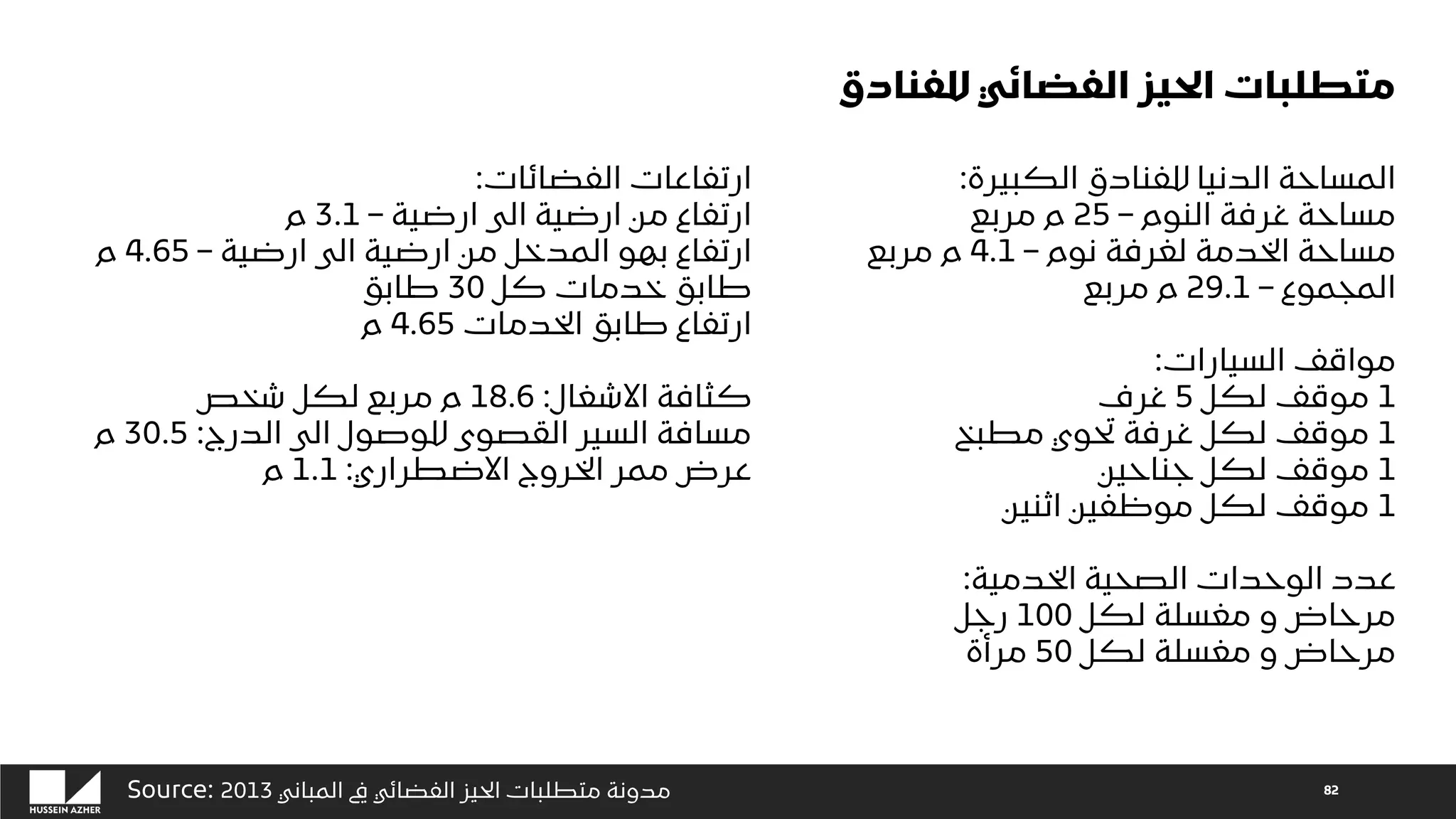 82
‫للفنادق‬ ‫الفضائي‬ ‫الحيز‬ ‫متطلبات‬
‫الكبيرة‬ ‫للفنادق‬ ‫الدنيا‬ ‫المساحة‬
:
‫النوم‬ ‫غرفة‬ ‫مساحة‬
–
25
‫مربع‬ ‫م‬
‫نوم‬ ‫لغرفة‬ ‫الخدمة‬ ‫مساحة‬
–
4.1
‫مربع‬ ‫م‬
‫المجموع‬
–
29.1
‫مربع‬ ‫م‬
‫السيارات‬ ‫مواقف‬
:
1
‫لكل‬ ‫موقف‬
5
‫غرف‬
1
‫مطبخ‬ ‫تحوي‬ ‫غرفة‬ ‫لكل‬ ‫موقف‬
1
‫جناحين‬ ‫لكل‬ ‫موقف‬
1
‫اثنين‬ ‫موظفين‬ ‫لكل‬ ‫موقف‬
‫الخدمية‬ ‫الصحية‬ ‫الوحدات‬ ‫عدد‬
:
‫لكل‬ ‫مغسلة‬ ‫و‬ ‫مرحاض‬
100
‫رجل‬
‫لكل‬ ‫مغسلة‬ ‫و‬ ‫مرحاض‬
50
‫مرأة‬
‫الفضائات‬ ‫ارتفاعات‬
:
‫ارضية‬ ‫الى‬ ‫ارضية‬ ‫من‬ ‫ارتفاع‬
–
3.1
‫م‬
‫ارضية‬ ‫الى‬ ‫ارضية‬ ‫من‬ ‫المدخل‬ ‫بهو‬ ‫ارتفاع‬
–
4.65
‫م‬
‫كل‬ ‫خدمات‬ ‫طابق‬
30
‫طابق‬
‫الخدمات‬ ‫طابق‬ ‫ارتفاع‬
4.65
‫م‬
‫االشغال‬ ‫كثافة‬
:
18.6
‫شخص‬ ‫لكل‬ ‫مربع‬ ‫م‬
‫الدرج‬ ‫الى‬ ‫للوصول‬ ‫القصوى‬ ‫السير‬ ‫مسافة‬
:
30.5
‫م‬
‫االضطراري‬ ‫الخروج‬ ‫ممر‬ ‫عرض‬
:
1.1
‫م‬
Source: ‫المباني‬ ‫يف‬ ‫الفضائي‬ ‫الحيز‬ ‫متطلبات‬ ‫مدونة‬
2013
 