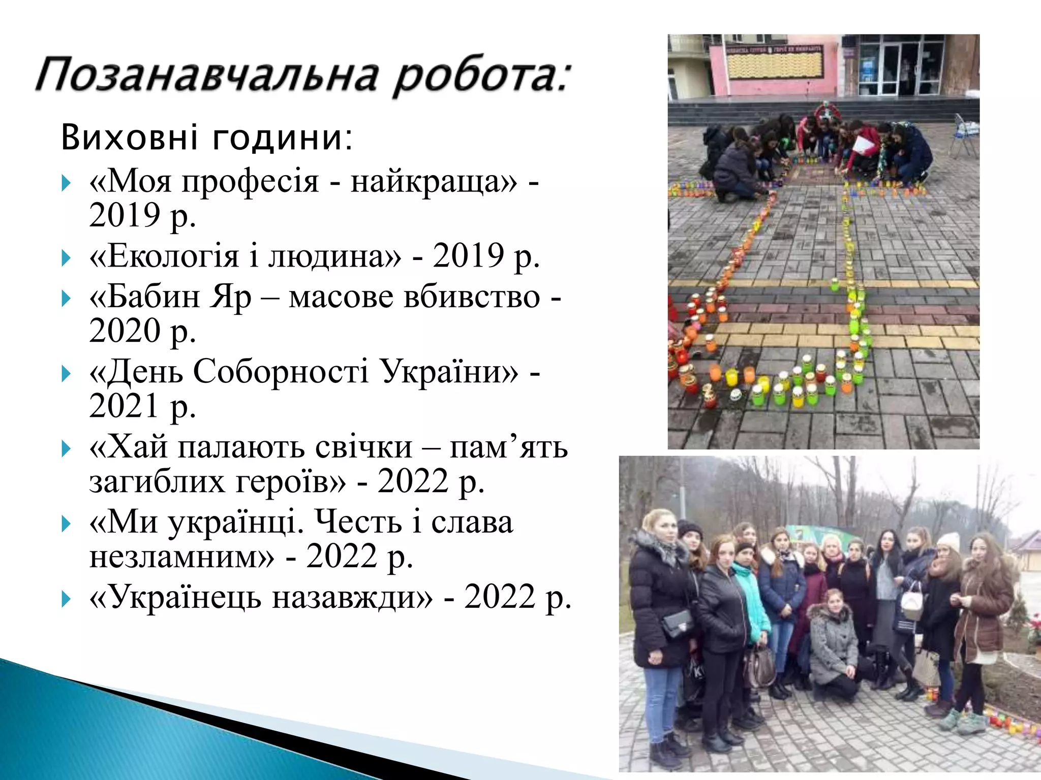 Виховні години:
 «Моя професія - найкраща» -
2019 р.
 «Екологія і людина» - 2019 р.
 «Бабин Яр – масове вбивство -
2020 р.
 «День Соборності України» -
2021 р.
 «Хай палають свічки – пам’ять
загиблих героїв» - 2022 р.
 «Ми українці. Честь і слава
незламним» - 2022 р.
 «Українець назавжди» - 2022 р.
 