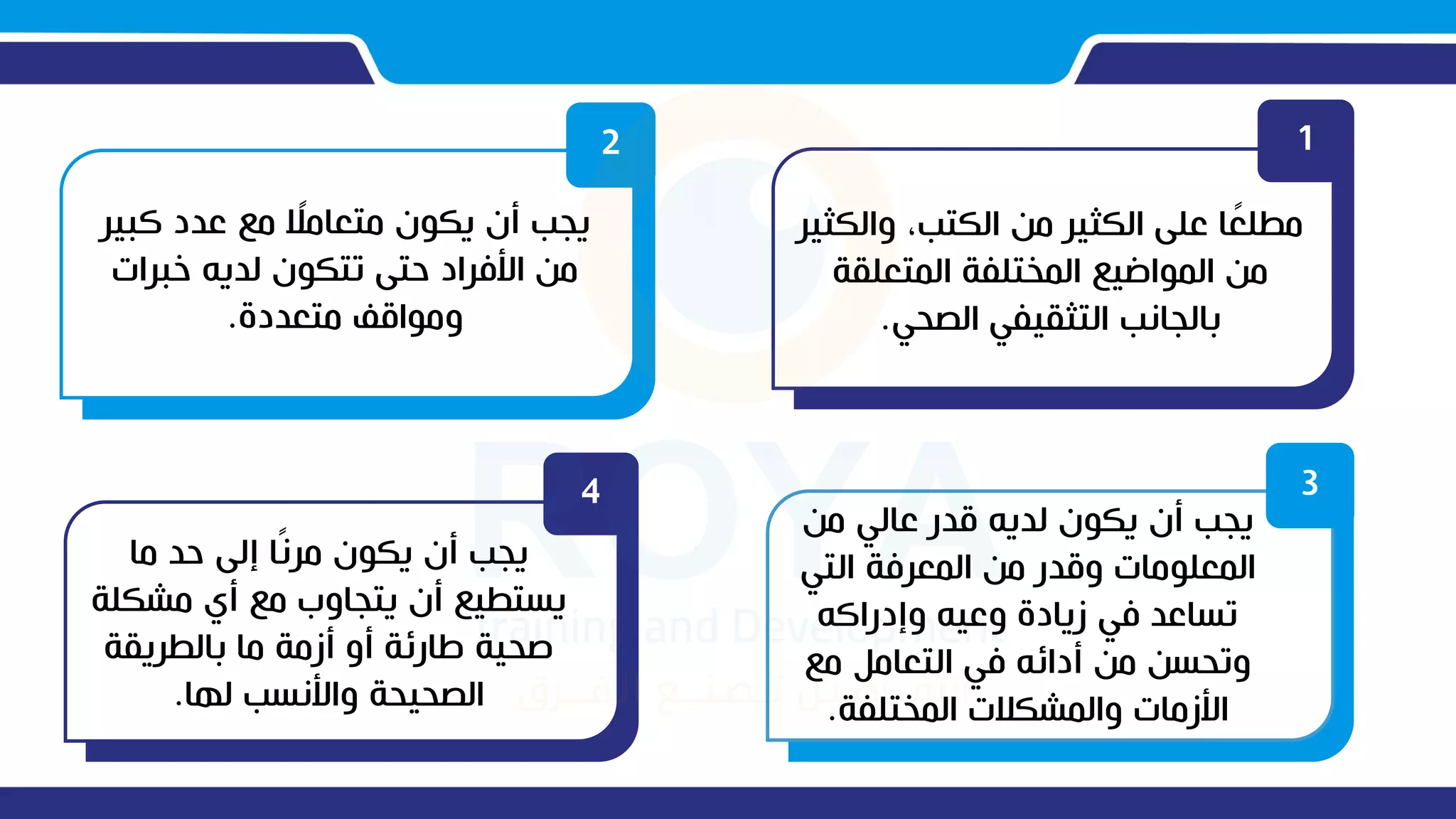 1
‫والك‬ ،‫الكتب‬ ‫من‬ ‫الكثير‬ ‫على‬ ‫ا‬ً
‫مطلع‬
‫ثير‬
‫المتعلقة‬ ‫المختلفة‬ ‫المواضيع‬ ‫من‬
‫الصحي‬ ‫التثقيفي‬ ‫رالأانب‬
.
2
‫كبير‬ ‫عدد‬ ‫مع‬ ً
‫متعامس‬ ‫يكون‬ ‫ن‬ ‫يأب‬
‫برات‬ ‫لديه‬ ‫تتكون‬ ‫حتى‬ ‫األعراد‬ ‫من‬
‫متعددة‬ ‫ومواقف‬
.
4
‫ما‬ ‫حد‬ ‫إلى‬ ‫ا‬ً‫ن‬‫مر‬ ‫يكون‬ ‫ن‬ ‫يأب‬
‫مشكل‬ ‫ي‬ ‫مع‬ ‫يتأاوب‬ ‫ن‬ ‫يستطيع‬
‫ة‬
‫رالطريقة‬ ‫ما‬ ‫زمة‬ ‫و‬ ‫طارئة‬ ‫صحية‬
‫لها‬ ‫واألنسب‬ ‫الصحيحة‬
.
3
‫من‬ ‫عالي‬ ‫قدر‬ ‫لديه‬ ‫يكون‬ ‫ن‬ ‫يأب‬
‫التي‬ ‫المعرعة‬ ‫من‬ ‫وقدر‬ ‫المعلومات‬
‫وإدراكه‬ ‫وعيه‬ ‫زيادة‬ ‫عي‬ ‫تساعد‬
‫مع‬ ‫التعامل‬ ‫عي‬ ‫دائه‬ ‫من‬ ‫وتحسن‬
‫المختلفة‬ ‫والمشكست‬ ‫األزمات‬
.
 