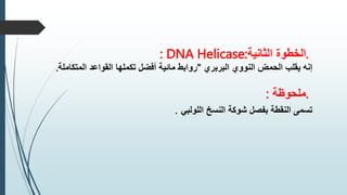.
‫الخطوة‬
‫الثانية‬
: DNA Helicase:
‫إنه‬
‫يقلب‬
‫الحمض‬
‫النووي‬
‫البربري‬
"
‫روابط‬
‫مائية‬
‫أفضل‬
‫تكملها‬
‫القواعد‬
‫المتكاملة‬
.
.
‫ملحوظة‬
:
‫تسمى‬
‫النقطة‬
‫بفصل‬
‫شوكة‬
‫النسخ‬
‫اللولبي‬
.
 
