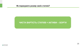 Як порахувати розмір своїх статків?
ЧИСТА ВАРТІСТЬ СТАТКІВ = АКТИВИ – БОРГИ
23
 
