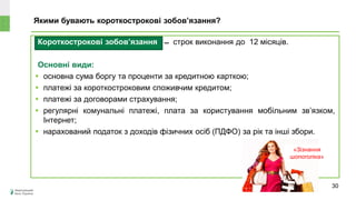 Короткострокові зобов’язання ̶ строк виконання до 12 місяців.
Основні види:
 основна сума боргу та проценти за кредитною карткою;
 платежі за короткостроковим споживчим кредитом;
 платежі за договорами страхування;
 регулярні комунальні платежі, плата за користування мобільним зв’язком,
Інтернет;
 нарахований податок з доходів фізичних осіб (ПДФО) за рік та інші збори.
Якими бувають короткострокові зобов’язання?
Може
знецінитися чи
зрости в ціні?
30
«Зізнання
шопоголіка»
 