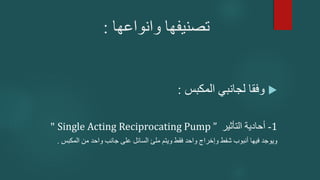 ‫وانواعها‬ ‫تصنيفها‬
:

‫المكبس‬ ‫لجانبي‬ ‫وفقا‬
:
1
-
‫التأثير‬ ‫أحادية‬
Single Acting Reciprocating Pump ”
"
‫المك‬ ‫من‬ ‫واحد‬ ‫جانب‬ ‫على‬ ‫السائل‬ ‫ملئ‬ ‫ويتم‬ ‫فقط‬ ‫واحد‬ ‫وإخراج‬ ‫شفط‬ ‫أنبوب‬ ‫فيها‬ ‫ويوجد‬
‫بس‬
.
 