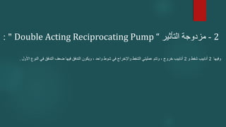 2
-
‫التأثير‬ ‫مزدوجة‬
Double Acting Reciprocating Pump “
: "
‫وفيها‬
2
‫و‬ ‫شفط‬ ‫أنابيب‬
2
‫خروج‬ ‫أنابيب‬
,
‫واحد‬ ‫شوط‬ ‫في‬ ‫واإلخراج‬ ‫الشفط‬ ‫عمليتي‬ ‫وتتم‬
,
‫األو‬ ‫النوع‬ ‫في‬ ‫التدفق‬ ‫ضعف‬ ‫فيها‬ ‫التدفق‬ ‫ويكون‬
‫ل‬
.
 