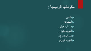 ‫الرئيسية‬ ‫مكوناتها‬
:

‫مكبس‬
.

‫أسطوانة‬
.

‫دخول‬ ‫صمام‬
.

‫دخول‬ ‫أنبوب‬
.

‫خروج‬ ‫صمام‬
.

‫خروج‬ ‫أنبوب‬
.
 