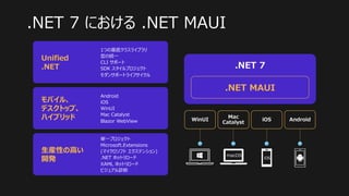 .NET 7 における .NET MAUI
Unified
.NET
モバイル、
デスクトップ、
ハイブリッド
⽣産性の⾼い
開発
1つの基底クラスライブラリ
型の統⼀
CLI サポート
SDK スタイルプロジェクト
モダンサポートライフサイク...