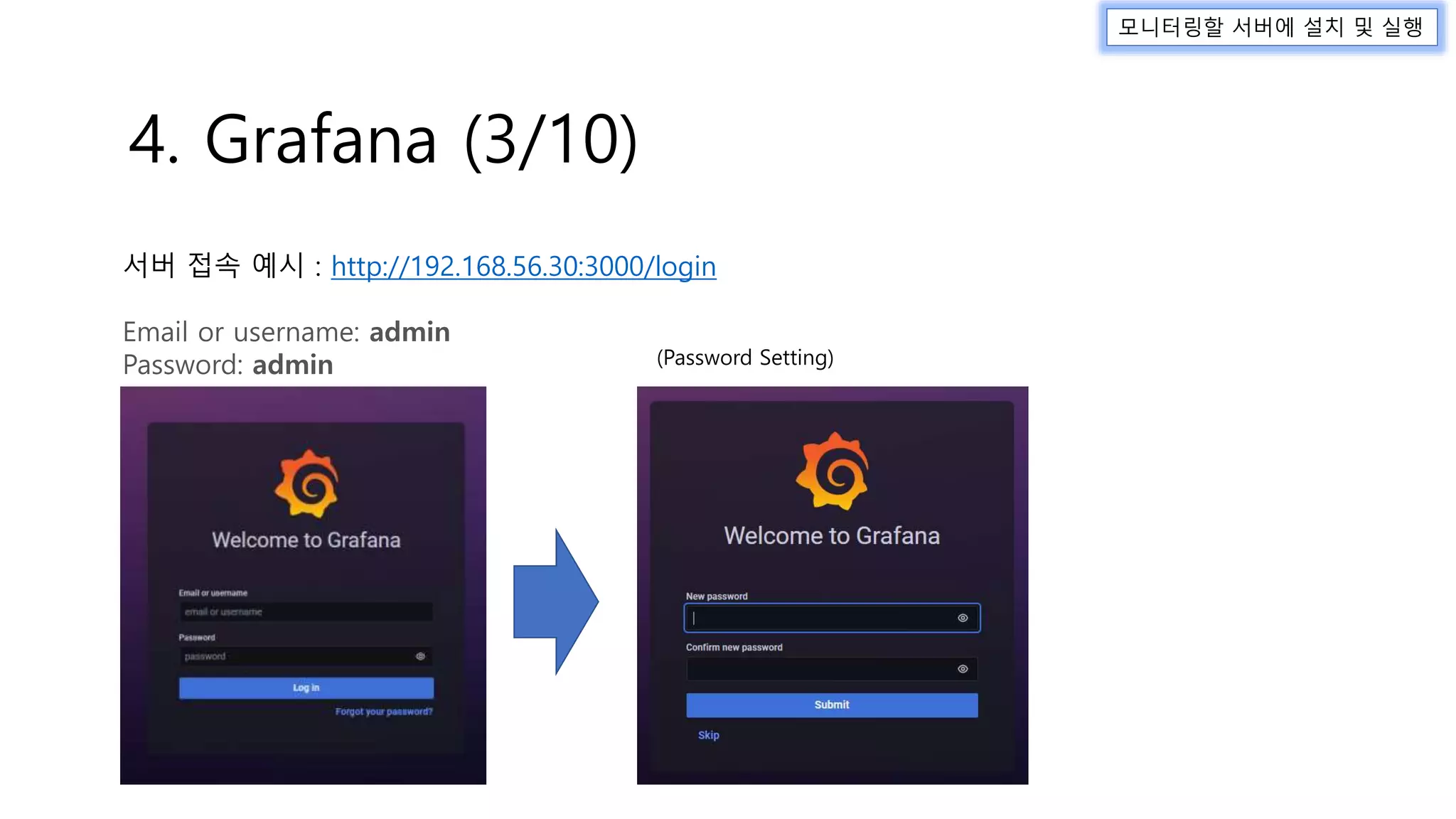 서버 접속 예시 : http://192.168.56.30:3000/login
Email or username: admin
Password: admin
모니터링할 서버에 설치 및 실행
4. Grafana (3/10)
(Password Setting)
 