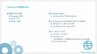 Resourcesの国際化対応
▌国際化で考える要素
l Language: ⾔語
l Script: ⽂字
l Region: 地域
▌language-rRegion
l res/values-zh-rTW/strings.xml
▌b+language+script+Region (BCP 47 ⾔語タグ)
l Android 7.0 ( API 24 ) 以降
l res/values-b+zh+Hans+CN
▌リソースのフォールバック
l zh-rTW → zh-Hant
l zh-rTW → zh
rTWは繁体字 zh は簡体字が含まれるため、Scriptを跨
いだフォールバックはしない
 