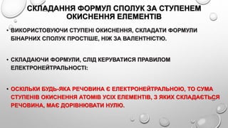 СКЛАДАННЯ ФОРМУЛ СПОЛУК ЗА СТУПЕНЕМ
ОКИСНЕННЯ ЕЛЕМЕНТІВ
• ВИКОРИСТОВУЮЧИ СТУПЕНІ ОКИСНЕННЯ, СКЛАДАТИ ФОРМУЛИ
БІНАРНИХ СПОЛУК ПРОСТІШЕ, НІЖ ЗА ВАЛЕНТНІСТЮ.
• СКЛАДАЮЧИ ФОРМУЛИ, СЛІД КЕРУВАТИСЯ ПРАВИЛОМ
ЕЛЕКТРОНЕЙТРАЛЬНОСТІ:
• ОСКІЛЬКИ БУДЬ-ЯКА РЕЧОВИНА Є ЕЛЕКТРОНЕЙТРАЛЬНОЮ, ТО СУМА
СТУПЕНІВ ОКИСНЕННЯ АТОМІВ УСІХ ЕЛЕМЕНТІВ, З ЯКИХ СКЛАДАЄТЬСЯ
РЕЧОВИНА, МАЄ ДОРІВНЮВАТИ НУЛЮ.
 