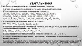 УЗАГАЛЬНЕННЯ
• 1. СКЛАДІТЬ ФОРМУЛИ СПОЛУК ЗА СТУПЕНЯМИ ОКИСНЕННЯ ЕЛЕМЕНТІВ:
А) БРОМ(I) ОКСИД; Б) МАНГАН(II) ОКСИД; В) СТАНУМ(IV) ОКСИД; Г) ФЕРУМ(ІII) ОКСИД.
• 2. ВИЗНАЧТЕ СТУПЕНІ ОКИСНЕННЯ ВСІХ ЕЛЕМЕНТІВ У СПОЛУКАХ:
• 3. ВИЗНАЧТЕ СТУПЕНІ ОКИСНЕННЯ МАНГАНУ В СПОЛУКАХ:
• 4. ОБЧИСЛІТЬ СТУПЕНІ ОКИСНЕННЯ КАРБОНУ В СПОЛУКАХ. (ВІЗЬМІТЬ ДО УВАГИ, ЩО В УСІХ ЦИХ СПОЛУКАХ
СТУПІНЬ ОКИСНЕННЯ ГІДРОГЕНУ — +1, А ХЛОРУ — –1.)
• 5. ВИЗНАЧТЕ ЕЛЕКТРОННУ ФОРМУЛУ ХЛОРУ В СТУПЕНЯХ ОКИСНЕННЯ: –1, 0, +1, +3, +5, +7.
• 6. НАВЕДІТЬ ФОРМУЛИ СПОЛУК НІТРОГЕНУ З ПОЗИТИВНИМ І НЕГАТИВНИМ СТУПЕНЕМ ОКИСНЕННЯ ЦЬОГО
ХІМІЧНОГО ЕЛЕМЕНТА.
• 7*. МАКСИМАЛЬНА ВАЛЕНТНІСТЬ ТА СТУПІНЬ ОКИСНЕННЯ ОКСИГЕНУ ТА ФЛУОРУ ВІДРІЗНЯЮТЬСЯ ВІД НОМЕРІВ
ГРУП ПЕРІОДИЧНОЇ СИСТЕМИ, У ЯКИХ ВОНИ РОЗТАШОВАНІ. ЯК ВИ ВВАЖАЄТЕ, ЧИМ ЦЕ МОЖНА ПОЯСНИТИ?
 