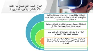 ‫الذكاء‬ ‫بين‬ ‫تجمع‬ ‫التي‬ ‫األخبار‬ ‫إنتاج‬
‫التحريرية‬ ‫والخبرة‬ ‫االصطناعي‬
‫التحالفات‬
:
‫شركة‬ ‫وفريق‬ ‫رويترز‬ ‫وكالة‬
«
‫سيمانتيك‬
»
‫أل‬
‫تمتة‬
‫با‬ ‫المشتركين‬ ‫تزويد‬ ‫خالل‬ ‫من‬ ‫التفاعلية‬ ‫الفيديو‬ ‫مقاطع‬
‫لقاعدة‬ ‫لنفاذ‬
‫مصورة‬ ‫تفاعلية‬ ‫لبيانات‬ ‫ضخمة‬
‫شركة‬ ‫قيام‬
«
‫فيسبوك‬
»
‫الت‬ ‫قسم‬ ‫في‬ ‫العاملين‬ ‫بتسريح‬
‫بقائمة‬ ‫زويد‬
‫آلي‬ ‫بشكل‬ ‫تعمل‬ ‫وجعلها‬ ‫الرئيسية‬ ‫الموضوعات‬
‫شركة‬ ‫إعالن‬
«
‫ترونك‬
»
‫يومي‬ ‫فيديو‬ ‫ألفي‬ ‫إنتاج‬ ‫استهدافها‬
‫ا‬
،‫االصطناعي‬ ‫الذكاء‬ ‫بأنظمة‬ ‫باالستعانة‬
‫وكالة‬ ‫بين‬ ‫شراكة‬ ‫قيام‬
«
AP»
‫وشركة‬
«
‫أنسايتس‬ ‫أتوماتيد‬
»
‫البرمج‬ ‫بواسطة‬ ‫والرياضية‬ ‫االقتصادية‬ ‫التقارير‬ ‫لمعالجة‬
‫يات‬
‫التحريرية‬
.
 