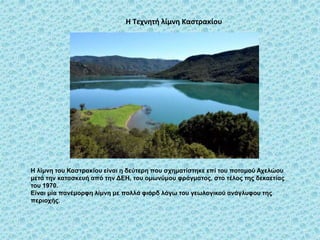 Η Τεχνητή λίμνη Καστρακίου
Η λίμνη του Καστρακίου είναι η δεύτερη που σχηματίστηκε επί του ποταμού Αχελώου
μετά την κατασκευή από την ΔΕΗ, του ομωνύμου φράγματος, στο τέλος της δεκαετίας
του 1970.
Είναι μία πανέμορφη λίμνη με πολλά φιόρδ λόγω του γεωλογικού ανάγλυφου της
περιοχής.
 