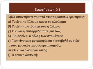 Ερωτήσεις ( δ )
3)Να απαντήσετε γραπτά στις παρακάτω ερωτήσεις:
α) Τι είναι το ξύλωμα και τι το φλοίωμα;
β) Τι είναι τα στόματα των φύλλων;
γ) Τι είναι η επιδερμίδα των φύλλων;
δ) Ποιος είναι ο ρόλος των στομάτων;
ε) Πώς γίνεται η μεταφορά και η αποβολή ουσιών
στους μονοκύτταρους οργανισμούς;
στ) Τι είναι ο αγωγός ιστός;
ζ) Τι είναι η διαπνοή;
 