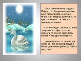 Зимата беше многу студена.
Пајчето се обидуваше да плива
во студената вода,но остана
многу мал отвор за движење . На
крај се измори , се смири и
замзрна во мразот.
Изутрина еден селанец го виде
замрзнатото пајче го скрши
мразот и го однесе дома.Таму
некако му го вратија животот.
Но се плашеше од децата кои
сакаа со него да си играат,да го
бркаат, па некако успеа да избега
од куќата.
 