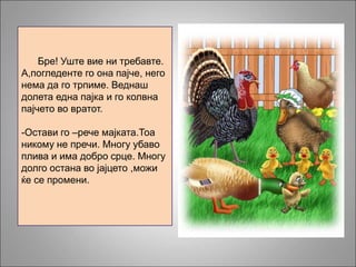 Бре! Уште вие ни требавте.
А,погледенте го она пајче, него
нема да го трпиме. Веднаш
долета една пајка и го колвна
пајчето во вратот.
-Остави го –рече мајката.Тоа
никому не пречи. Многу убаво
плива и има добро срце. Многу
долго остана во јајцето ,можи
ќе се промени.
 