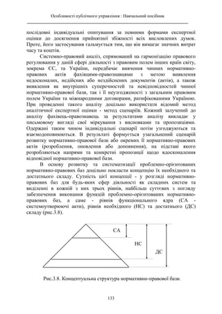 Особливості публічного управління : Навчальний посібник
________________________________________________________________________
133
послідовні індивідуальні опитування за певними формами експертної
оцінки до досягнення прийнятної збіжності всіх висловлених думок.
Проте, його застосування гальмується тим, що він вимагає значних витрат
часу та коштів.
Системно-правовий аналіз, спрямований на гармонізацію правового
регулювання у даній сфері діяльності з правовим полем інших країн світу,
зокрема ЄС, та України, передбачає вивчення чинних нормативно-
правових актів фахівцями-правознавцями з метою виявлення
недосконалих, недійсних або нездійснених документів (актів), а також
виявлення як внутрішніх суперечностей та невідповідностей чинної
нормативно-правової бази, так і її неузгодженості з загальним правовим
полем України та міжнародними договорами, ратифікованими Україною.
При проведенні такого аналізу доцільно використати відомий метод
аналітичної експертної оцінки - метод сценаріїв. Кожний залучений до
аналізу фахівець-правознавець за результатами аналізу викладає у
письмовому вигляді свої міркування з висновками та пропозиціями.
Одержані таким чином індивідуальні сценарії потім узгоджуються та
взаємодоповнюються. В результаті формується узагальнений сценарій
розвитку нормативно-правової бази або окремих її нормативно-правових
актів (розроблення, оновлення або доповнення), на підставі якого
розробляються напрями та конкретні пропозиції щодо вдосконалення
відповідної нормативно-правової бази.
В основу розвитку та систематизації проблемно-орієнтованих
нормативно-правових баз доцільно покласти концепцію їх необхідного та
достатнього складу. Сутність цієї концепції - у розгляді нормативно-
правових баз для будь-яких сфер діяльності як складних систем та
виділенні в кожній з них трьох рівнів, найбільш суттєвих з погляду
забезпечення виконання функцій проблемно-орієнтованих нормативно-
правових баз, а саме - рівнів функціонального ядра (СА -
системоутворюючі акти), рівнів необхідного (НС) та достатнього (ДС)
складу (рис.3.8).
СА
НС
ДС
Рис.3.8. Концептуальна структура нормативно-правової бази.
 