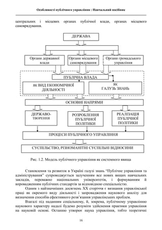 Особливості публічного управління : Навчальний посібник
________________________________________________________________________________
16
центральних і місцевих органах публічної влади, органах місцевого
самоврядування.
Становлення та розвиток в Україні галузі знань “Публічне управління та
адміністрування” супроводжується залученням все нових вищих навчальних
закладів, переважно національних університетів, і формуванням й
впровадженням публічних стандартів за відповідною спеціальністю.
Одним з найзначніших досягнень ХХ сторіччя є визнання управлінської
праці як окремого виду діяльності і запровадження наукового аналізу для
визначення способів ефективного розв’язання управлінських проблем.
Взагалі під наданням соціальному, й, зокрема, публічному управлінню
наукового характеру надалі будемо розуміти здійснення практики управління
на науковій основі. Останню утворює наука управління, тобто теоретичні
Органи державної
влади
ЯК
ГАЛУЗЬ ЗНАНЬ
ДЕРЖАВА
ПРОЦЕСИ ПУБЛІЧНОГО УПРАВЛІННЯ
ОСНОВНІ НАПРЯМИ
ПУБЛІЧНА ВЛАДА
Органи місцевого
самоврядування
Органи громадського
управління
ЯК ВИД ЕКОНОМІЧНОЇ
ДІЯЛЬНОСТІ
РОЗРОБЛЕННЯ
ПУБЛІЧНОЇ
ПОЛІТИКИ
РЕАЛІЗАЦІЯ
ПУБЛІЧНОЇ
ПОЛІТИКИ
ДЕРЖАВО-
ТВОРЕННЯ
Рис. 1.2. Модель публічного управління як системного явища
СУСПІЛЬСТВО, РІЗНОМАНІТНІ СУСПІЛЬНІ ВІДНОСИНИ
 