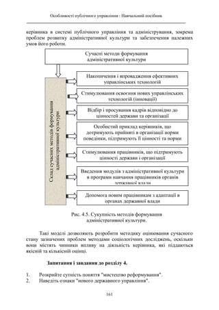 Особливості публічного управління : Навчальний посібник
________________________________________________________________________
161
керівника в системі публічного управління та адміністрування, зокрема
проблем розвитку адміністративної культури та забезпечення належних
умов його роботи.
Такі моделі дозволяють розробити методику оцінювання сучасного
стану зазначених проблем методами соціологічних досліджень, оскільки
вони містять чинники впливу на діяльність керівника, які піддаються
якісній та кількісній оцінці.
Запитання і завдання до розділу 4.
1. Розкрийте сутність поняття "мистецтво реформування".
2. Наведіть ознаки "нового державного управління".
Сучасні методи формування
адміністративної культури
Стимулювання освоєння нових управлінських
технологій (інновації)
Стимулювання працівників, що підтримують
цінності держави і організації
Особистий приклад керівників, що
дотримують прийняті в організації норми
поведінки, підтримують її цінності та норми
Введення модулів з адміністративної культури
в програми навчання працівників органів
державної влади
Допомога новим працівникам з адаптації в
органах державної влади
Накопичення і впровадження ефективних
управлінських технологій
Відбір і просування кадрів відповідно до
цінностей держави та організації
Склад
сучасних
методів
формування
адміністративної
культури
Рис. 4.5. Сукупність методів формування
адміністративної культури.
 