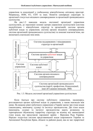 Особливості публічного управління : Навчальний посібник
________________________________________________________________________________
19
управління та комунікації у глобальному міжпублічному світовому просторі.
Наприклад, ООН, ЄС, СОТ та інші. Поняття самоврядні структури та
організації стосується місцевого самоврядування та організацій громадянського
суспільства.
На рис.1.3 наведена модель системної організації управління
суспільством, де згруповані основні центри управління суспільством (система
надпублічних і міжпублічних структур та організацій; система органів
публічної влади та управління; система органів місцевого самоврядування;
система організацій громадянського суспільства) та показані взаємозв’язки, що
визначають взаємодію між ними.
Коли йдеться про систему публічного управління, насамперед,
розглядаються органи публічної влади та управління, а також взаємодія між
ними. На вищому рівні публічного управління в Україні маємо три гілки влади
(законодавчу, виконавчу, судову) та інститут президентства. Дві гілки влади
(виконавча, судова) та інститут президентства мають розвинену та
територіально обумовлену ієрархічну структуру на відміну від законодавчої
гілки влади, яку представляє парламент країни – Верховна Рада України.
Нерідко згадується система представницької влади (парламенти України та
Автономної Республіки Крим, обласні та районні ради), яка не має ієрархічної
Система наддержавних і міждержавних
структур та організацій
Система органів публічної влади
та управління
Система органів місцевого
самоврядування
Система організацій громадянського
суспільства (партії, профспілки, бізнессоціації,
інші об’єднання громадян, ЗМІ)
Рис. 1.3. Модель системної організації управління суспільством
Публічний
сектор
управління
Самоорганізація
населення
Система публічної
влади
Система
управління
 