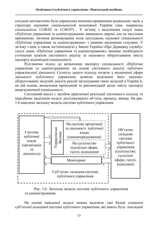 Особливості публічного управління : Навчальний посібник
________________________________________________________________________________
33
ситуація автоматично була перенесена вченими-правниками радянських часів у
структуру наукових спеціальностей незалежної України (див. наприклад
спеціальність 12.00.02 та 12.00.07) . У зв’язку з виділенням галузі знань
«Публічне управління та адміністрування» виникають окремі, але не настільки
принципові, питання розмежування поля досліджень наукової спеціальності
«Публічне управління та адміністрування» з іншими науковими галузями. У
зв’язку з цим, а також легітимізацією у Законі України «Про Державну службу»
галузі знань «Публічне управління та адміністрування», виникає необхідність
уточнення шляхом системного аналізу та наукового обґрунтування змісту
паспорту відповідної спеціальності.
Розглянемо підхід до визначення паспорту спеціальності «Публічне
управління та адміністрування» на основі системного аналізу публічно-
управлінської діяльності. Сутність даного підходу полягає у визначенні сфери
діяльності публічного управління шляхом виділення його науково-
обгрунтованих моделей, аналізу реалій застосування таких моделей в Україні й,
на цій основі, визначення пропозицій та рекомендацій щодо змісту паспорту
вищезазначеної спеціальності.
Системний аналіз є засобом практичної реалізації системного підходу та
передбачає виділення моделі досліджуваного об’єкта, процесу, явища. На рис.
1.6 наведено загальну модель системи публічного управління.
На основі наведеної моделі можна виділити такі базові елементи
суб’єктної складової системи публічного управління, які мають бути покладені
Система
публічної
влади
(організація
та
діяльність)
На систему організації
та діяльності публічної
влади
(самовпорядкування)
На суспільство
(суспільні сфери,
галузі, відносини)
Об’єктна
складова
системи
публічного
управління
(суспільство;
суспільні
сфери, галузі,
відносини)
Моніторинг
Суб’єктна складова системи
публічного управління
Управлінські
Впливи
Рис. 1.6. Загальна модель системи публічного управління
та адміністрування.
 